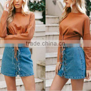 B22623A Europe Ladies Fashion Waist Bandage Blouse T-shirt