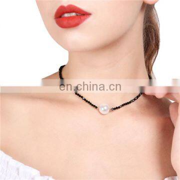 Ethnic Exaggerated Fashion Simple Hand Black Rhinestone Beaded Pearl Choker Necklace