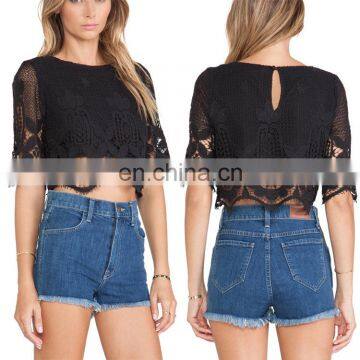 2016 Wholesale New Fashion Black Lace Ladies Crop Top/Lace Blouse