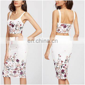 Mika72359 Women Sexy Flower Print Crop Tank Top And Pencil Skirt Set