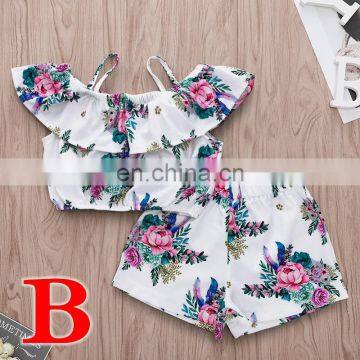 2019 Summer Kids Outfit Cotton Girls off Shoulder Tops Floral Print Tshirt & Girls Flower Shorts 2pc Set photo-2