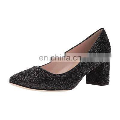 Ladies latest simple black color design block heels pumps sandals women shoes