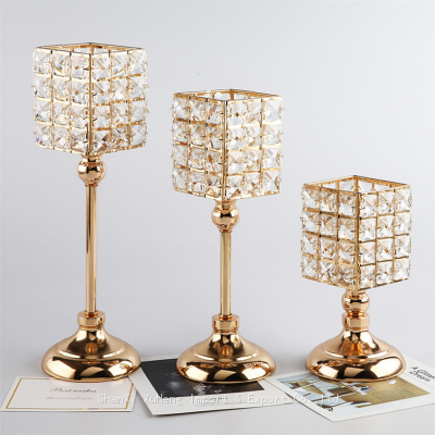 Luxury Gold Plate Crystal Candle Cup Metal Iron Square Pillar Candlestick Candle Holder Party Dinner Table Decorative