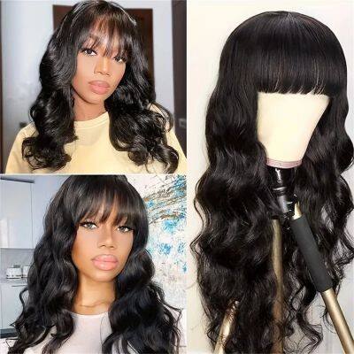 Body Wave Human Hair Wigs With Bangs 180% Density Remy Indian Wig With Bangs Full Machine Made Fringe Wig Human Hair Natural Wig photo-3