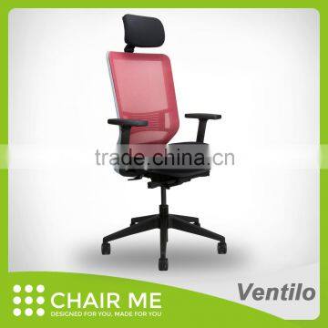 Ventilo office chair, red mesh chair, adjustable headrest, gray bracket, adjustable seat, armrest, lumbar, nylon base