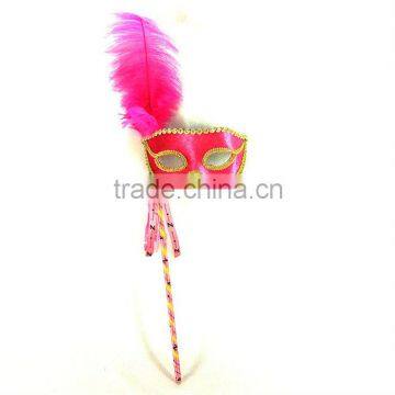 Pink Long Feather Stick Masquerade Masks