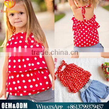 Wholesale Baby Children Clothing Fashion Style Baby Girl Red Chiffon Top With Denim elastic shorts