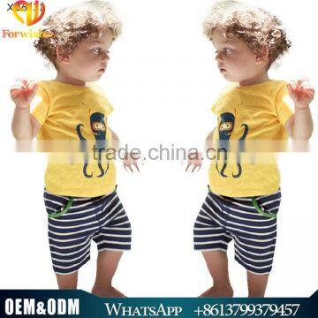 Latest Arrivl Summer Children Clothes Baby Boy Wearing Pure Cotton Octopus Printed Shirt +Strip Shorts Boy Yellow Suits Sets