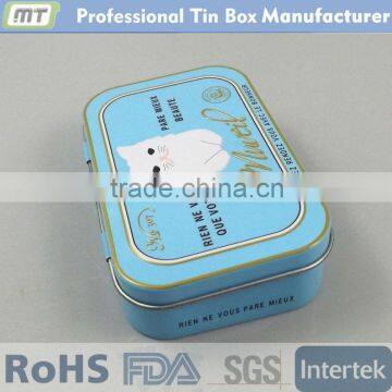 blue rectangle metal mints in tins with kitty pattern