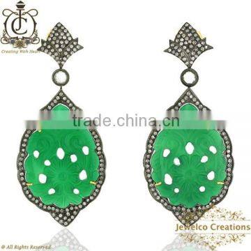 925 Silver Diamond Green Onyx Carving Earrings, Pave Diamond Earrings, Diamond Gemstone Jewelry, Gemstone Jewelry Manufacturer