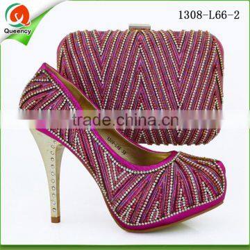 fushia new design crystal shoes matching bag for wedding ladies 1308-L66-2