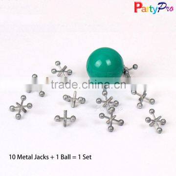 Green Plastic Toy Ball and Zinc Alloy Jacks for People's Amusement 10 Jacks & Ball Set