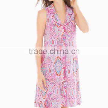 Wholesale Sleeveless ladies Sexy Front Button 100% Rayon Rose Violet Printed Poplin Nightshirt