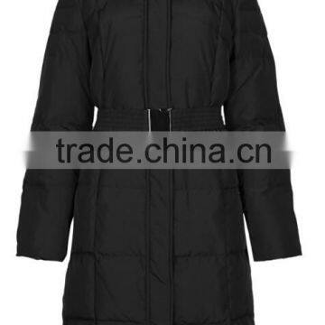 mind-long black 100% polyester hooded womens padded coat with fur trim