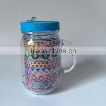 650ml double wall acrylic plastic mason jar with sucking straw