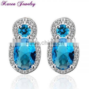 New Elegant Big Sapphire Blue Zircon Crystal Stud Earrings for Women Platinum Plated Gold Earring Channel Earrings