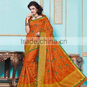 Prodigious Orange Dhupion Silk Saree/famous indian saree designers