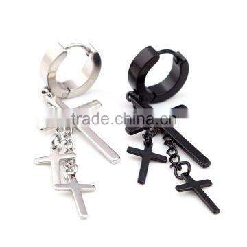 Fashion Stainless Steel Piercing Jewelry Hanging Cross Hoop Huggie Earrings for Men