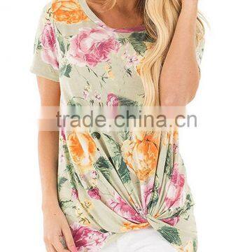 Custom Plus Size USA Women's Floral Print Boutique Summer Casual Short Sleeves Front Side Knot T-Shirts Tops photo-6