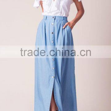2017 New design women button front banded waist chambray maxi skirt