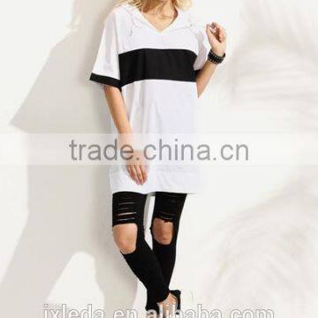 Women's Multi Color Contrast Hooded Oversized Short Sleeve Sweatshirt photo-2