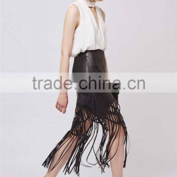 Brand Design OEM Services Leather Midi Skirts Tassels Maxi Skirts High Waist Bodycon Sexy Skirts photo-2