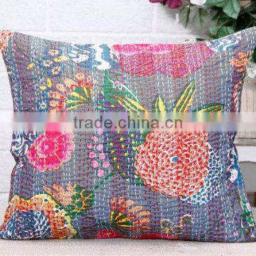 Grey Kantha Pillow Cover Indian Floral Pillow Handmade Throw Pillow 16X16 photo-2