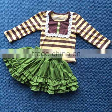 2015 baby long sleeve stripe top with bib and green ruffle skirt new style YW-148