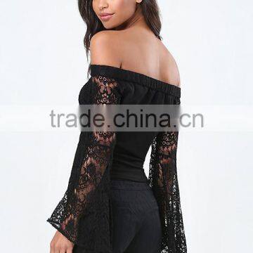 Clothes Woman Fashion Long Bell Sleeve Off-shoulder Lace Blouse Black for Wholesale 2017 photo-2
