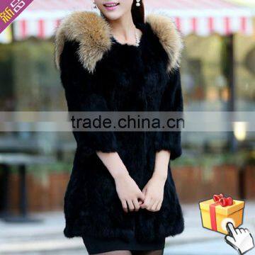 2017 autumn and winter new women rabbit fur fur raccoon fur collar long rabbit fur coat