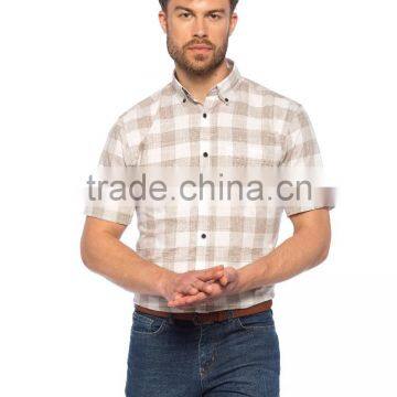 Beige check Buttoned Regular Short Sleeve Shirt