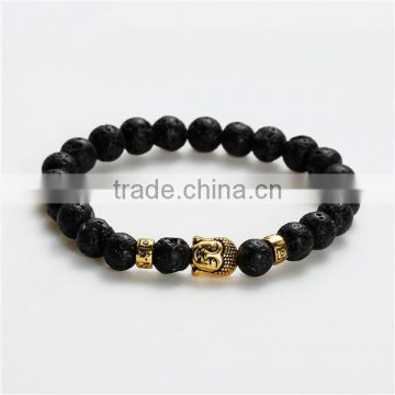 New Fashion Stone Lava Beaded Healing Bracelet Black Gold Tone Antique Gold Buddha Statue Head Elastic 22.5cm long