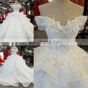 LS00383 off-shoulder dress luxury applique lace up long train women elegant alibaba wedding dress