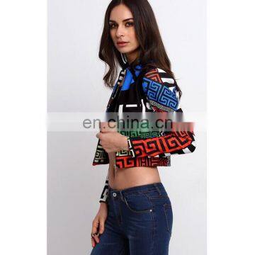 Multicolor Geometric Print Crop Led Cafe Racer Jacket photo-4