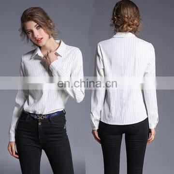 OEM Casual Fashion Women Shirts Long Sleeve White Striped Office Shirt photo-4