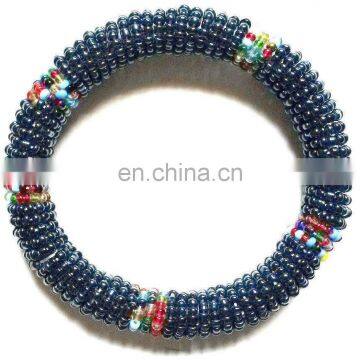 Bead Bracelet - Handmade African Kenyan Bangle Jewelry - Silver Blue Color