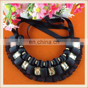 Fashionable Handmade black beaded Necklace with frilled lace trim for women