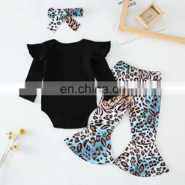Baby Girl Fall Winter Ribbed Fall Clothes Set Ruffle Romper + Leopard Flared Pants Trousers +Headband Outfits Clothes photo-2