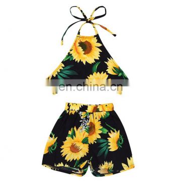 Summer outfits clothes newborn infant strap crop tops shorts pants sunflowers full print baby girl clothes set