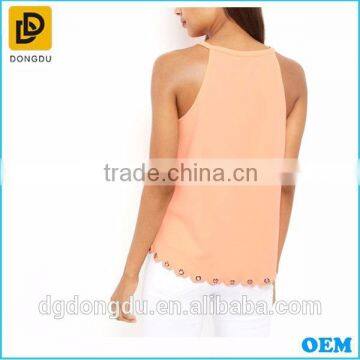 Orange Scalloped Eyelet Hem High Neck Women Vest Tops photo-2
