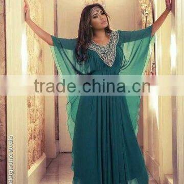 Hot Sale Beaded Scoop Neck Green Chiffon Arabic Evening Dress