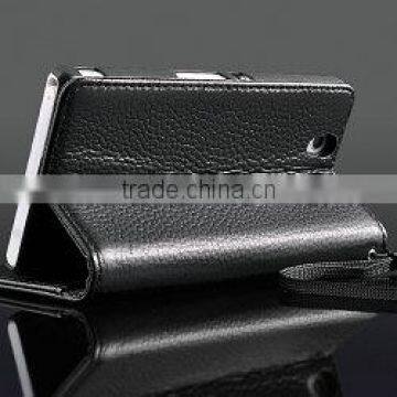 Genuine Litchi Leather case for sony z, wallet leather case cover for sony z ultra