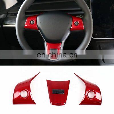 3pcs Auto Parts For Tesla Model Y Real Carbon Car Inner Accessories Steering Wheel Button Carbon Fiber Cover Trim