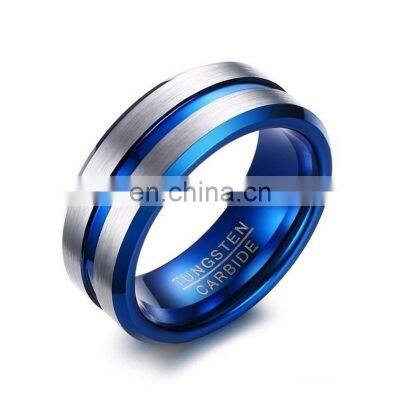 Men's fashion 8MM Silver Brushed Ladder Edge Stainless Steel Ring Blue Groove Matte Men Wedding Ring