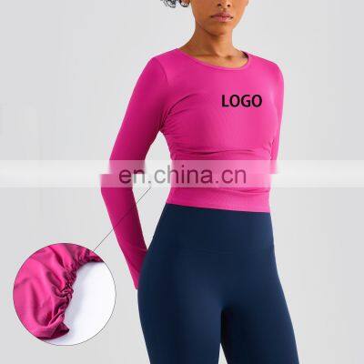Blank Custom Ribbed Side Ruffles Long Sleeve Sports Yoga Top Women Fitness Running Gym Shirt Outdoor Slim Fit Jogging Wear