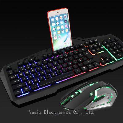 Best budget custom logo wired gaming keyboard and mouse combo USB Interface Mobile phone holder design