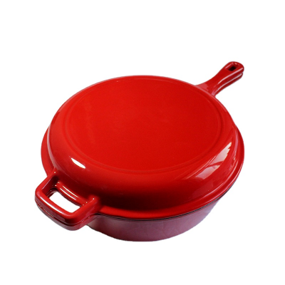 2-in-1 Red Cast Iron Dutch Oven Pot With Skillet Lid, Heavy Duty Oven Safe Cookware for Sourdough Bread Baking, Easy Clean