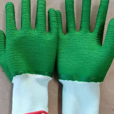 white polyester thread 13 gauge knitted green sea wave wrinkled latex hand full coated safety work gloves