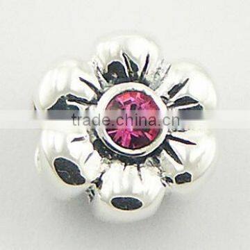 Sterling Silver Fluted Flower Bead Two Austrian Crystals