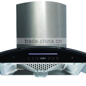 Copper motor stainless steel chimney with curved tempered glass European style range hood/kitchen appliance range hood